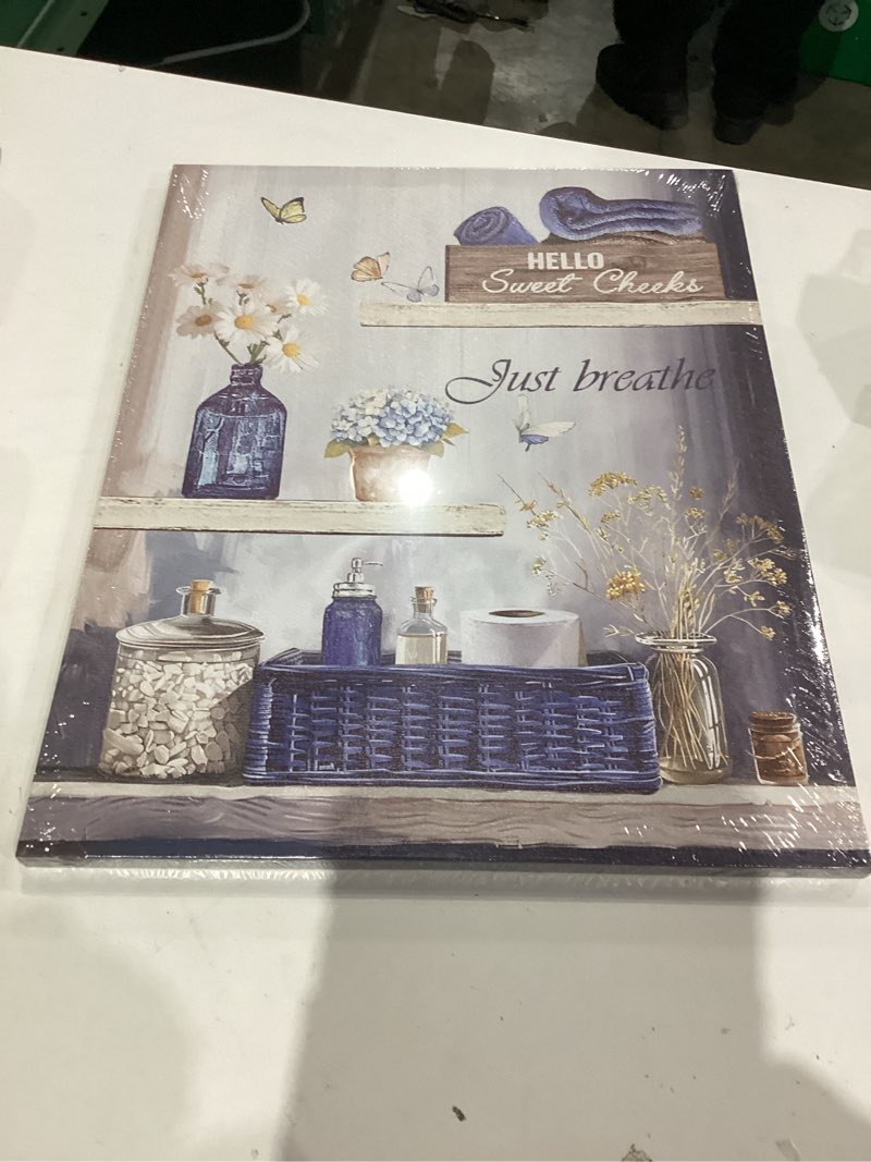 Condition photo showing Good Condition for Bathroom Wall Art Navy Blue Bathroom Picture Wall Decor Just Breath Canvas Prints Farmhouse Artwork Stretched and Framed 16x20inch Navy Blue 20"L x 16"W