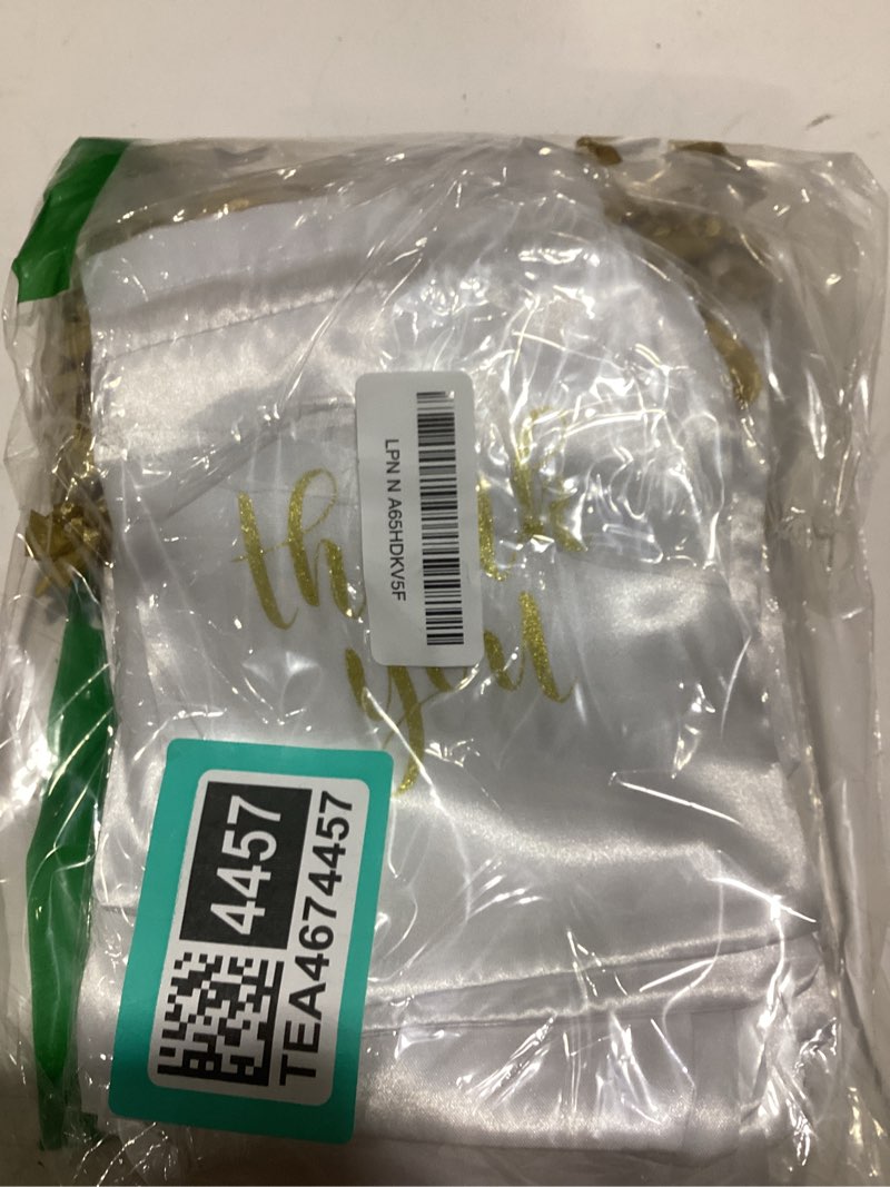 Condition photo showing Good Condition for Sieral 50 Pcs Thank You Satin Gift Bags with Drawstring Jewelry Candy Pouches for Valentines Easter Wedding Baby Shower Birthday Holiday Party Thank You Bag for Gift Wrap(White, Gold,5 x 7 Inch) White, Gold 5 x 7 Inch