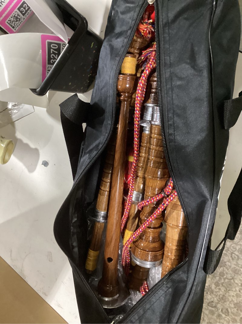 Condition photo showing Good Condition for AAR Scottish Bagpipe Rosewood Royal Stewart Tartan Natural Color with Silver Plain Mounts Free Tutor Book, Carrying Bag, Drone, Reeds