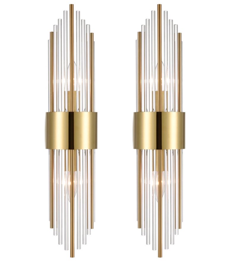 2-Light Modern Brushed Titanium Gold Wall Sconce with Clear Glass Crystal Luxury Wall Light Fixtures for Bedroom Living Room Bathroom Vanity Mirror Light Fixtures Set of 2