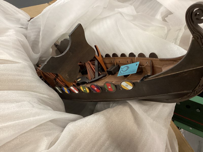Condition photo showing As Is for SAILINGSTORY Wooden Viking Ship Model Drakkar Oseberg 1/35 Scale Replica Scandinavian Dragon Longship Model 25"