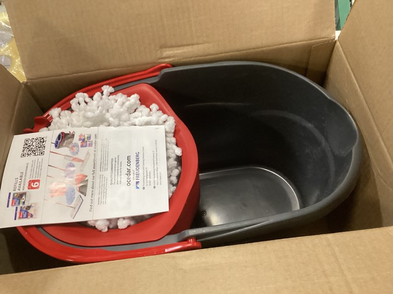 Condition photo showing New/Like New for O-Cedar EasyWring Microfiber Spin Mop & Bucket Floor Cleaning System + 2 Extra Refills, Red/Gray Spin Mop & Bucket with 2 Extra Refills