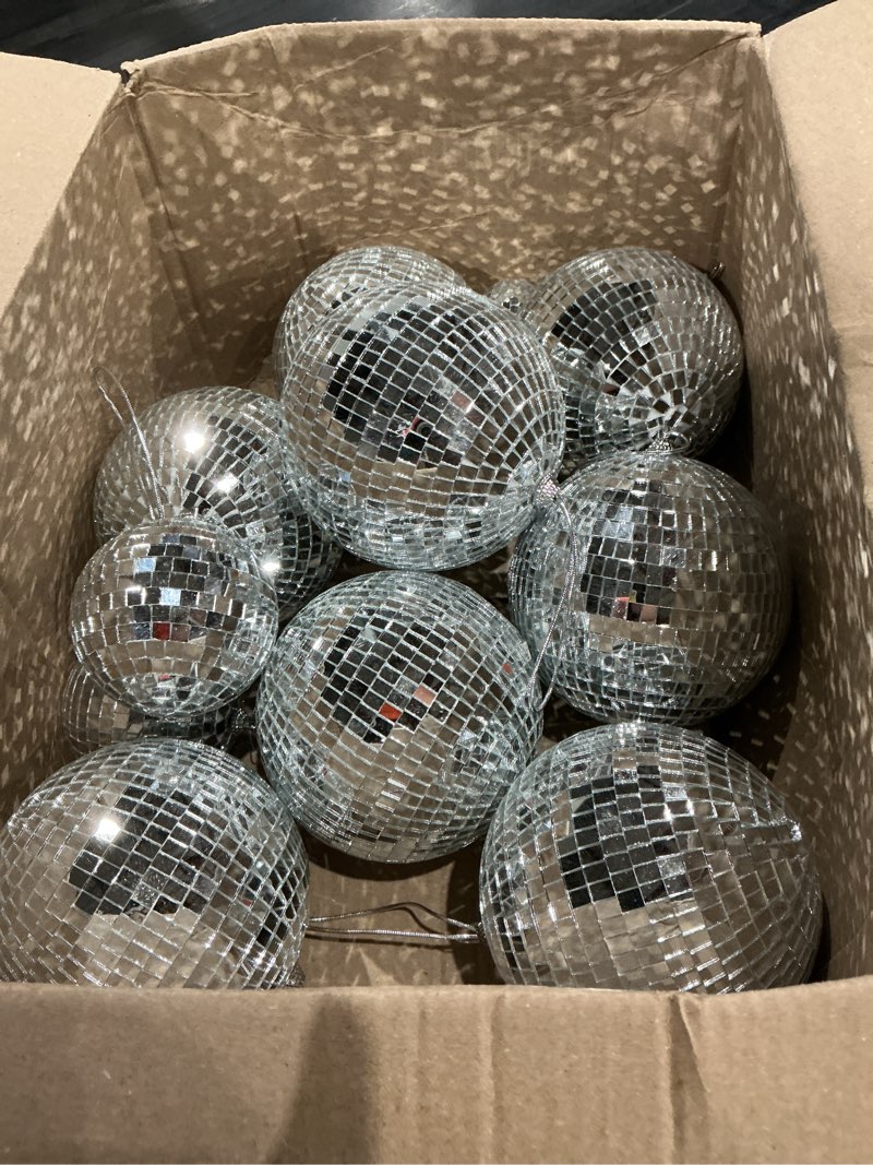 Condition photo showing As Is for pack of mirror disco ball, 6 inch cool and fun silver hanging disco ball with attached string for a party or dj light effect, party decorations, home decorations, stage props, christmas