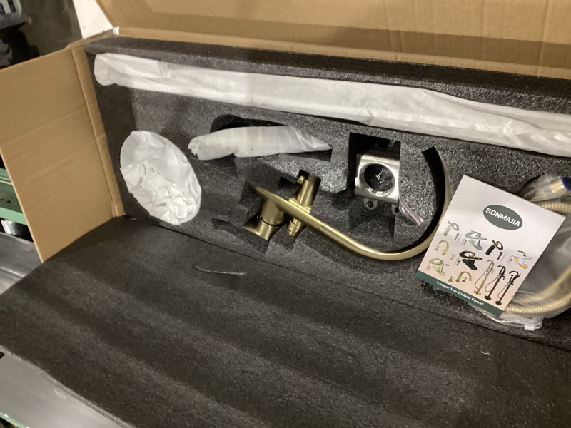 Condition photo showing Good Condition for freestanding stand alone bathtub tub faucets, brushed gold bathroom foot shower set with tub spout 2 handles ducha para baño, tub filler trim kit combo, regaderas shower modernas brushed gold waterfall