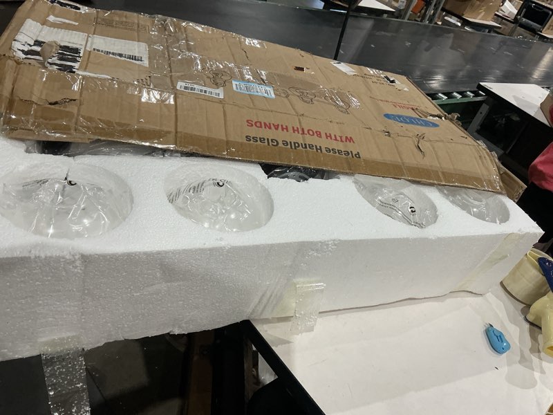 Condition photo showing Good Condition for urban ambiance luxury vintage bathroom vanity light, large size: 10.875" h x 33.5" w, with americana style elements, polished nickel finish, uhp2505, belfast collection