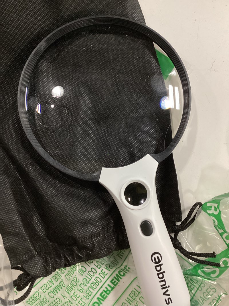 Condition photo showing Good Condition for Large Magnifying Glass with Light, Magnifier Handheld Illuminated Lighted Magnifier with 3 LED Lights 1 UV Light Storage Bag Clean Cloth for Seniors Reading Inspection Black