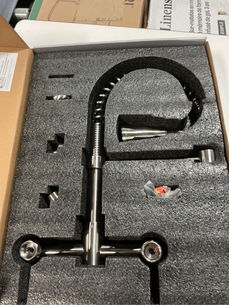 Condition photo showing Good Condition for Wall Mount Kitchen Faucet, 8 Inch Center Commercial Sink Faucet with Pull Down Sprayer, 2 Handle Wall Mount Faucet for Kitchen Sink, Brushed Nickel Single Spout Brushed Nickel