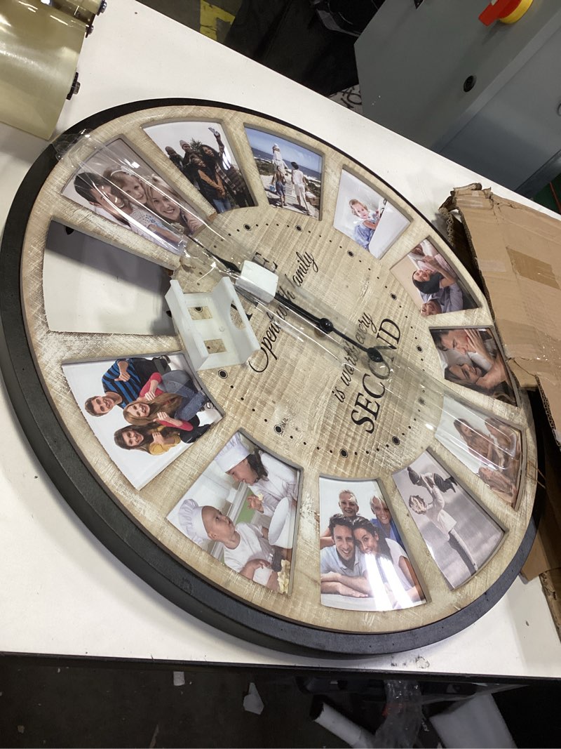 Condition photo showing As Is for 12 Photo Collage Rustic Wood Farmhouse Wall Clock, Large Family Picture Wall Clock for Living Room, Home, Kitchen, Silent Battery Powered 24 Inch Natural