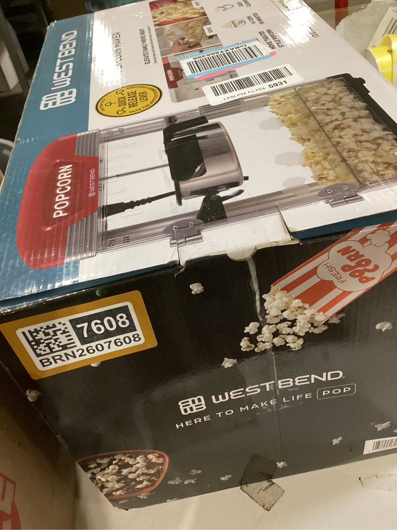 Condition photo showing Good Condition for west bend stir crazy movie theater popcorn popper, popcorn maker machine with nonstick popcorn kettle, measuring tool and popcorn scoop for popcorn machine, 4 qt., red