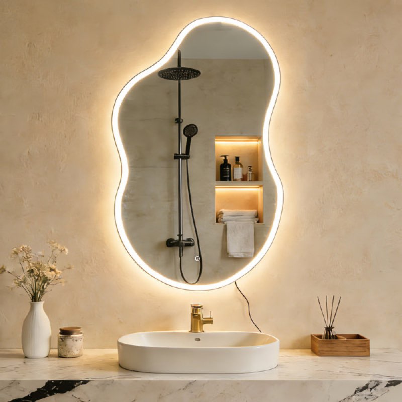 Asymmetrical Metal Frame Wall Mirror With LED Lights