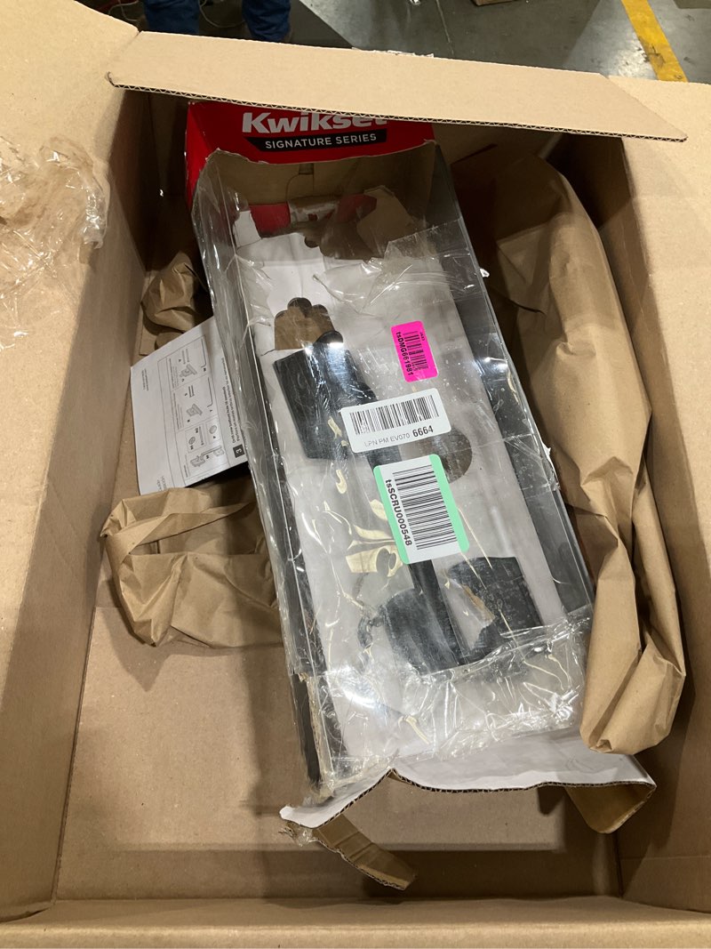 Condition photo showing As Is for Kwikset Prescott Front Door Lock Handle and Deadbolt Set, Entry Handleset Exterior with Sedona Reversible Lever, Matte Black, Pick Resistant SmartKey Rekey Deadbolt Security, with Microban Protection Matte Black Keyed Entry