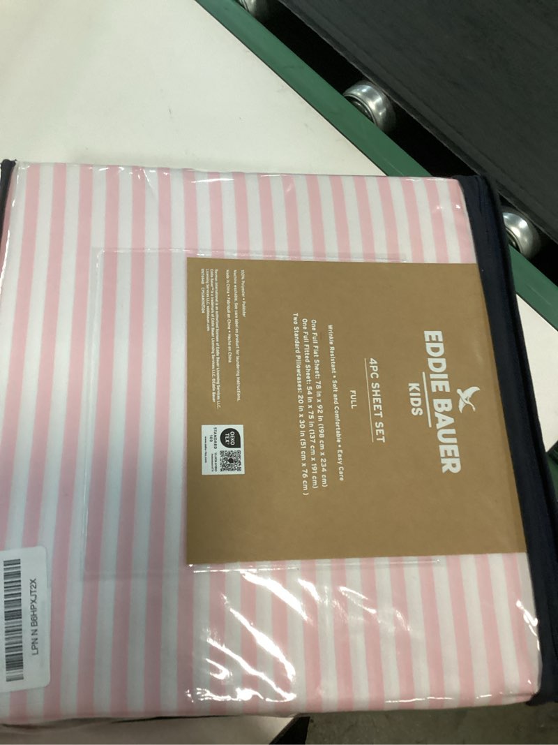 Condition photo showing Good Condition for eddie bauer kids - full sheets, stain-resistant toddler bedding with matching sham(s), super soft, ideal girl room essentials (little stripe pink, full) little stripe pink full