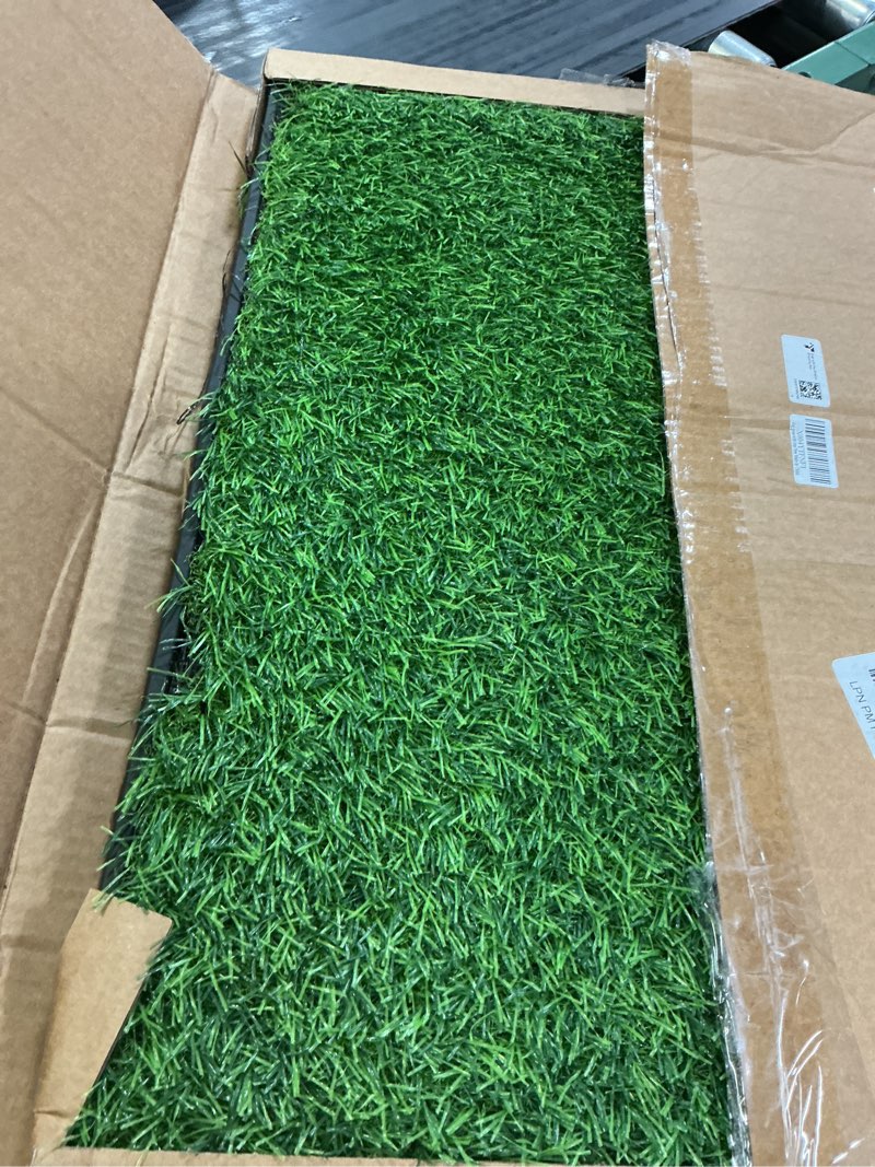 Condition photo showing Good Condition for dog grass pad with tray, 23''x17'' small artificial turf grass potty, reusable puppy pee pads for dogs, portable dog litter box for indoor/outdoor potty training toilet