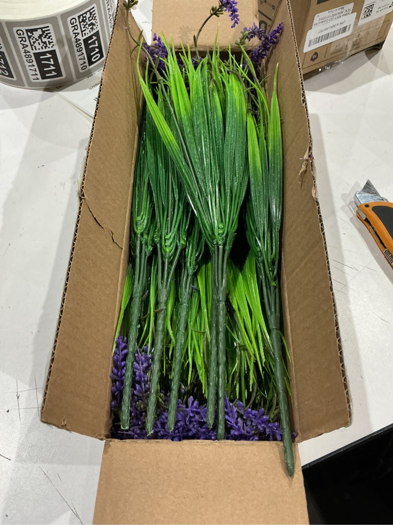 Condition photo showing Good Condition for 12 bundles artificial grass fake plants?outdoor fake monkey tail grass with flowers for pot uv resistant lavender patio garden porch home window hanging planter decor faux plastic shrubs(puper+green) puper+green grass