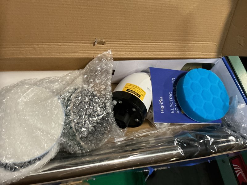 Condition photo showing As Is for highyes electric spin scrubber for cleaning bathroom: cordless power shower scrubber - electric cleaning brush for tile tub black&white