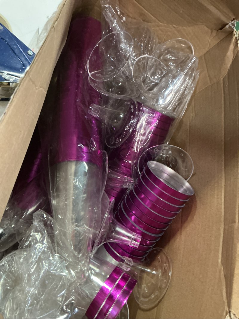 Condition photo showing As Is for gerrii 300 pcs plastic champagne flutes bulk, 4.5 oz clear disposable champagne flutes, rimmed toasting glasses for wedding birthday anniversary celebration party wine(purple rim)