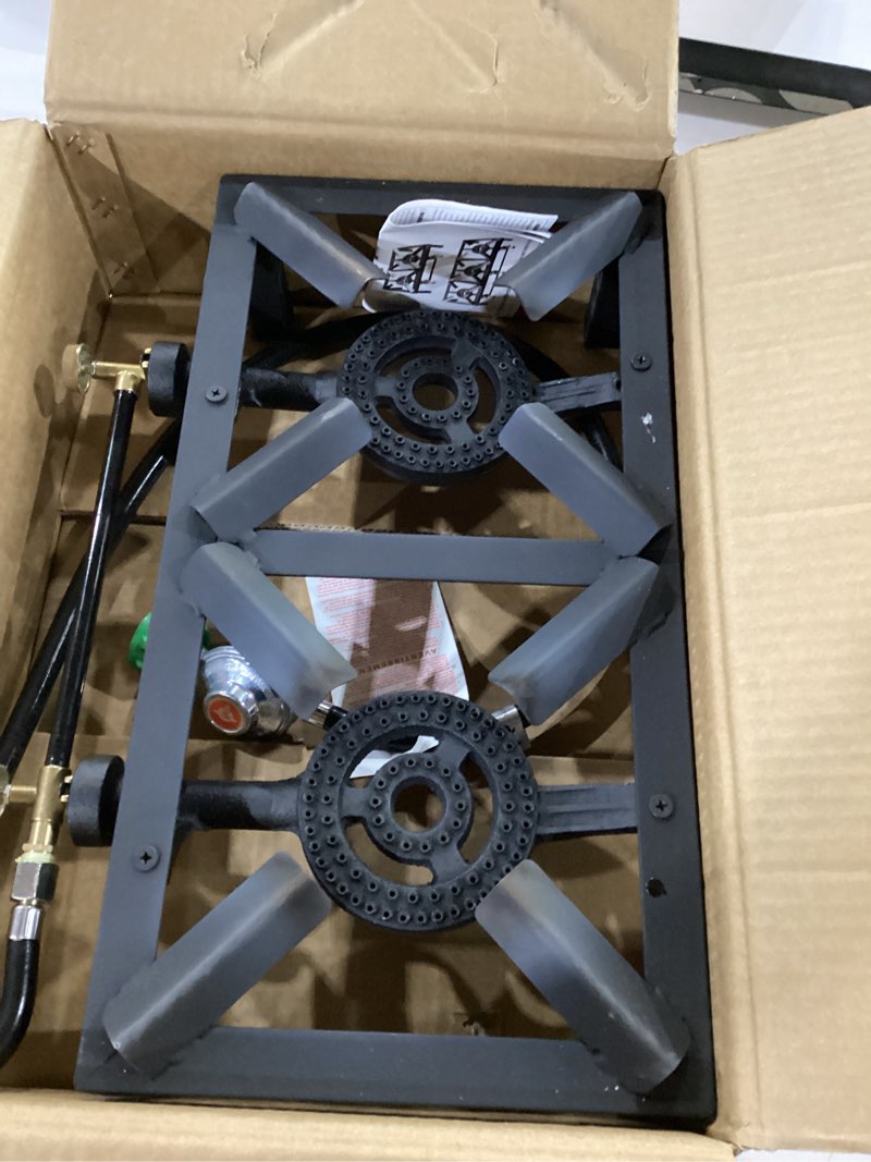 Condition photo showing New/Like New for propane double burner angle iron camp stove with csa listed regulator and 4ft hose (sa2200)