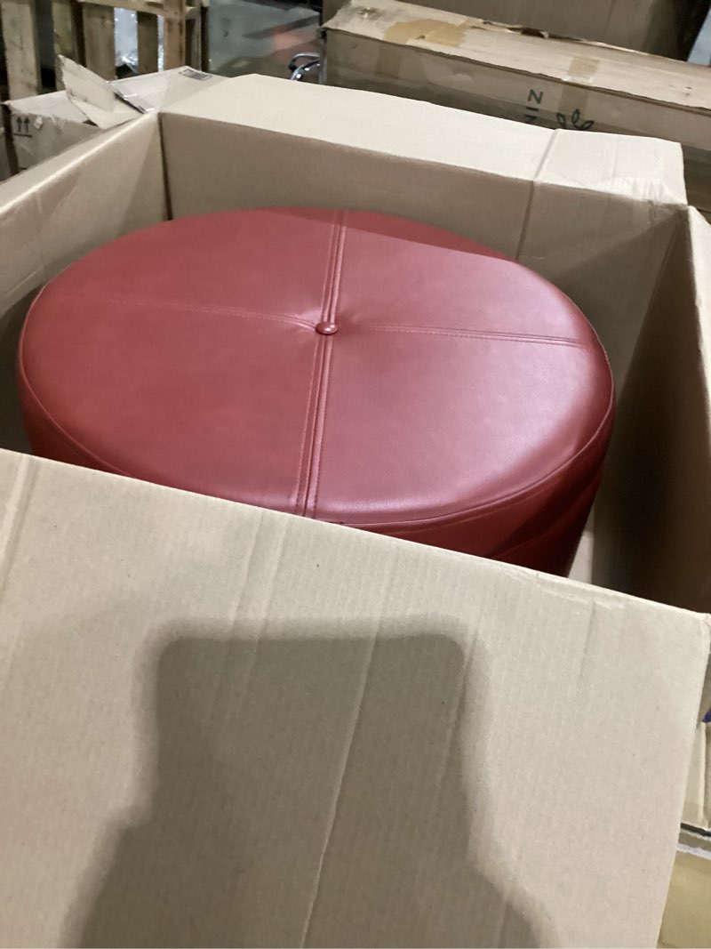 Condition photo showing As Is for HomePop Round Leatherette Storage Ottoman with Lid, Cinnamon Red Large(missing legs)