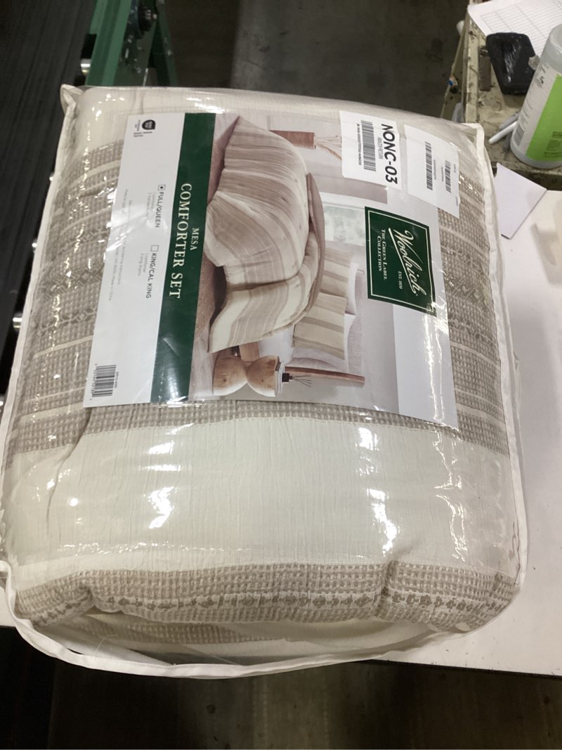 Condition photo showing Good Condition for Woolrich Queen Comforter Set Cotton Striped, Oversized Comforter, All Season Down Alternative Overfilled Queen Size Comforter, Mesa, Full/Queen Tan 3 Piece Tan Full/Queen