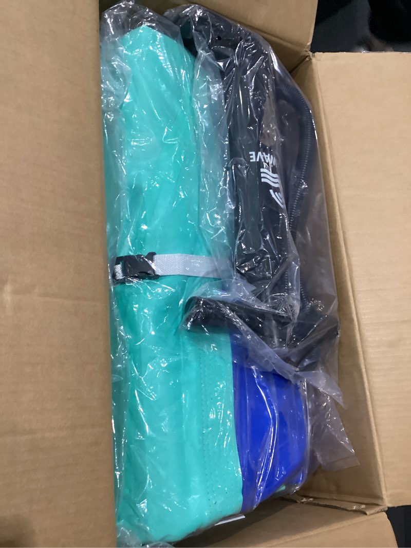 Condition photo showing New/Like New for coolwave inflatable water hammock floating dock, inflatable raft for family and friends, round floating ring for parties, water float with cup holders for pool and lake mint green+dark blue 8 ft