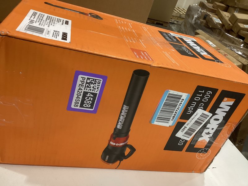 Condition photo showing Good Condition for worx 12 amp electric leaf blower, turbine blower for lawn care with 600 cfm & 2 speed control, corded, wg520