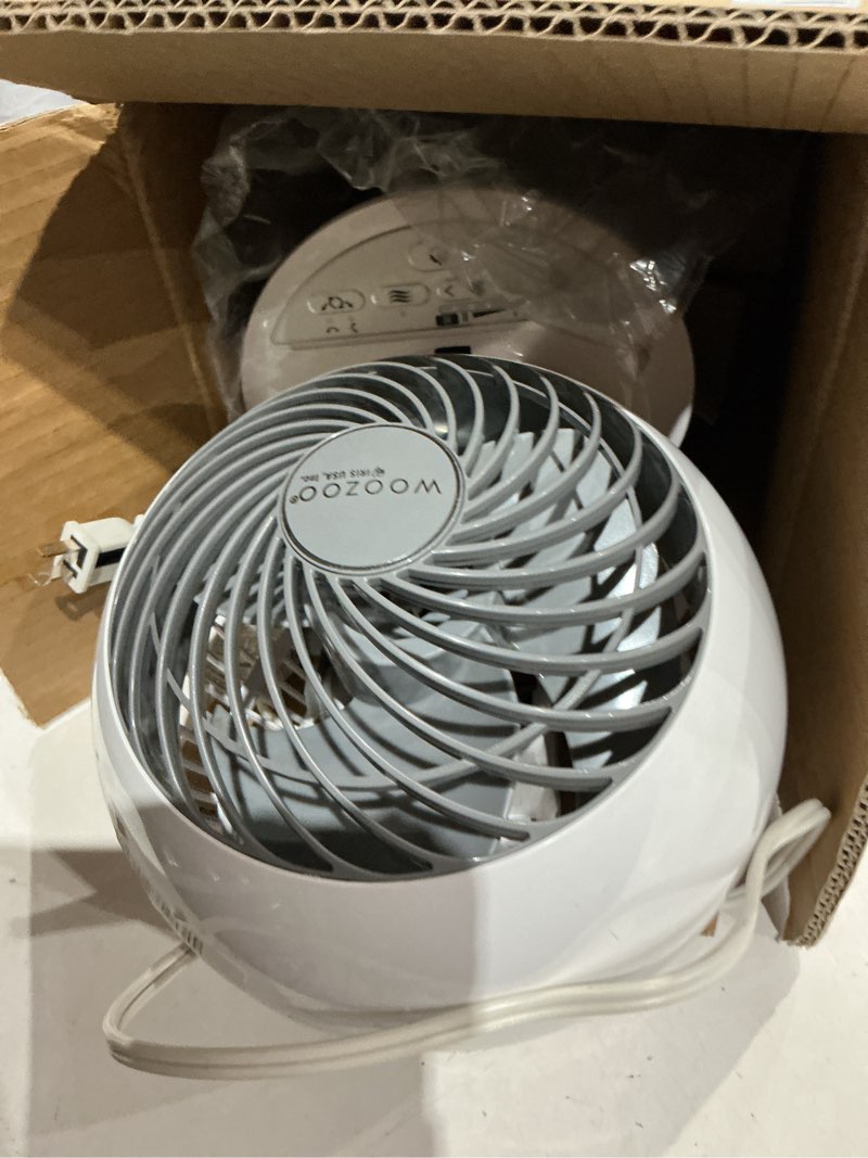 Condition photo showing As Is for iris usa woozoo air circulator fan with remote, oscillating, 5 speeds, 82ft max air distance, 90° adjustable tilt, 30db quiet motor, small fan for bedroom, office, dorm, white 5-speed white