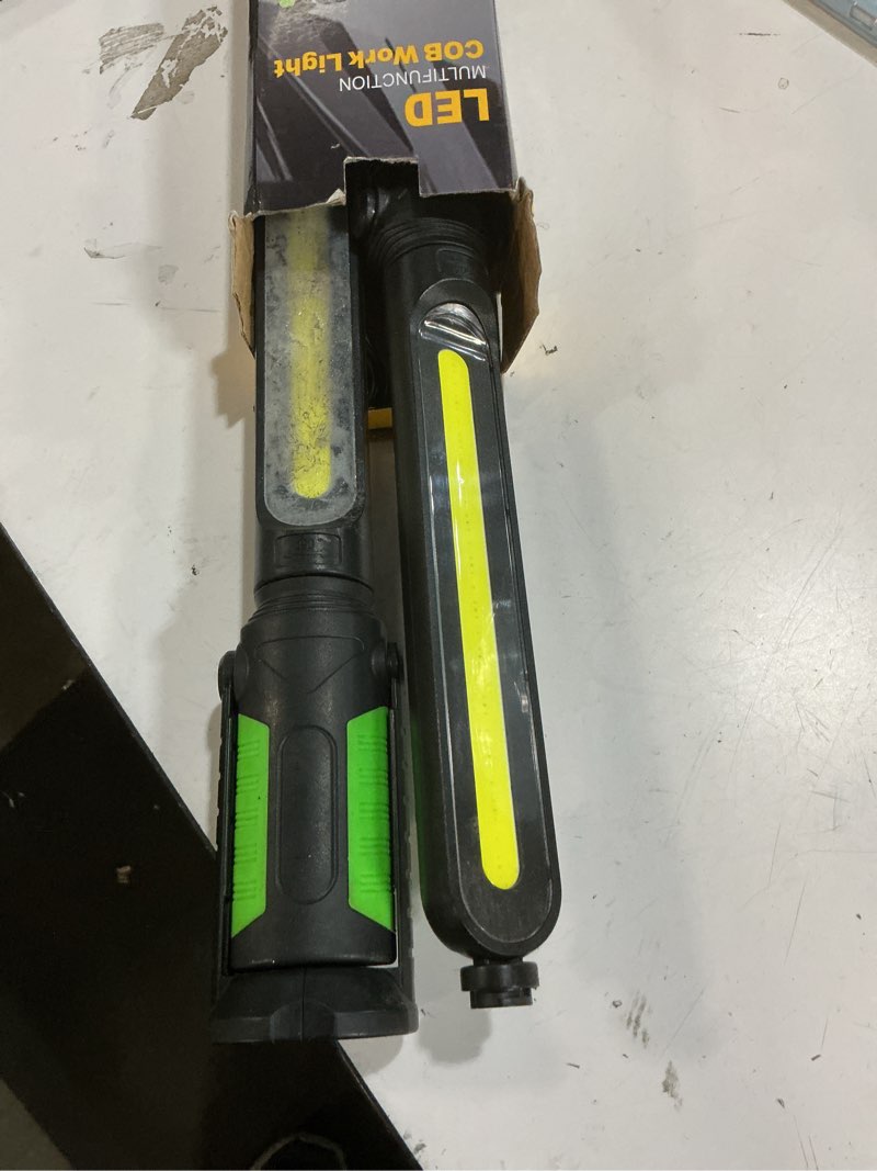Condition photo showing As Is for sylstar work light for mechanic, 2400lm led, 4400mah rechargeable, magnetic, underhood work light with hooks for car repairing/inspection/garage/workshop/emergency green
