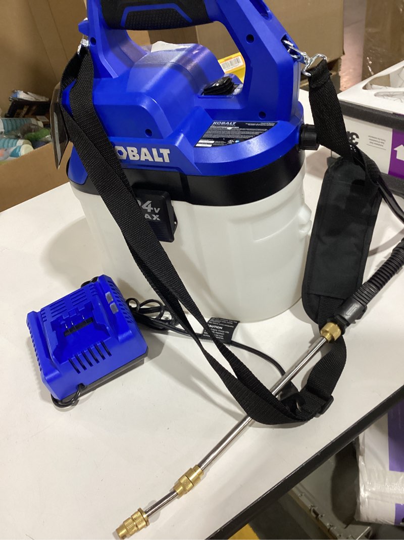 Condition photo showing As Is for kobalt 2.11-gallon 24-volt battery operated plastic handheld sprayer