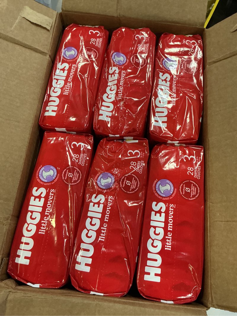 Condition photo showing New/Like New for huggies size 3 diapers, little movers baby diapers, size 3 (16-28 lbs), 168 count (6 packs of 28), packaging may vary size 3 168