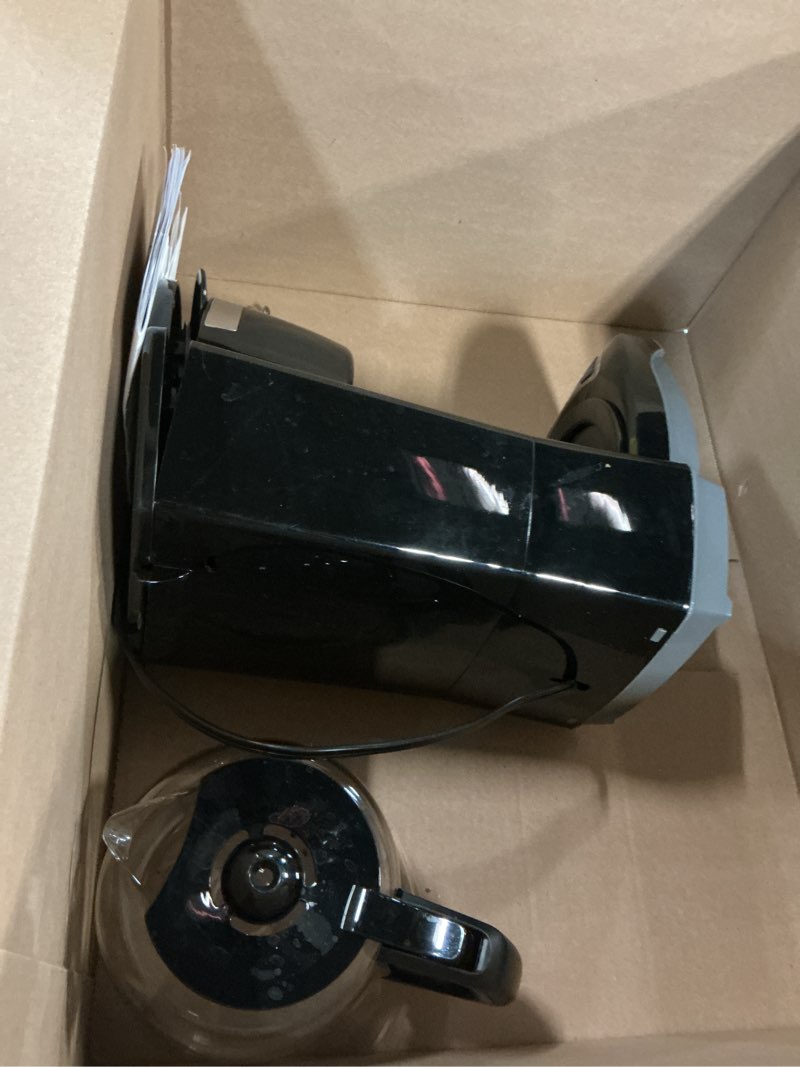 Condition photo showing As Is for black+decker 12-cup digital coffee maker, programmable, washable basket filter, sneak-a-cup, auto brew, water window, keep hot plate, black