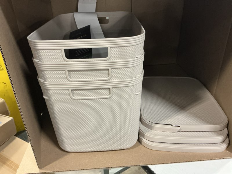 Condition photo showing As Is for bino | plastic storage bins with lids, 20 liter - 3 pack, taupe | the twill collection | plastic bins for organization | woven storage baskets for organizing | pantry shelf organizer basket bin taupe 20l | 3-pack