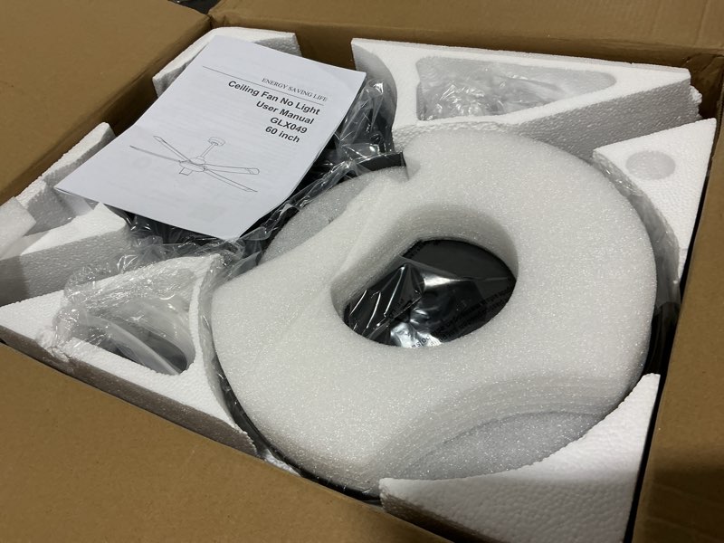 Condition photo showing Good Condition for ohniyou 60'' ceiling fan no light, black industrial ceiling fan with remote/app, aluminum blades, 6800 cfm dc motor for outdoor patios,shop, garage black 60 inch no light