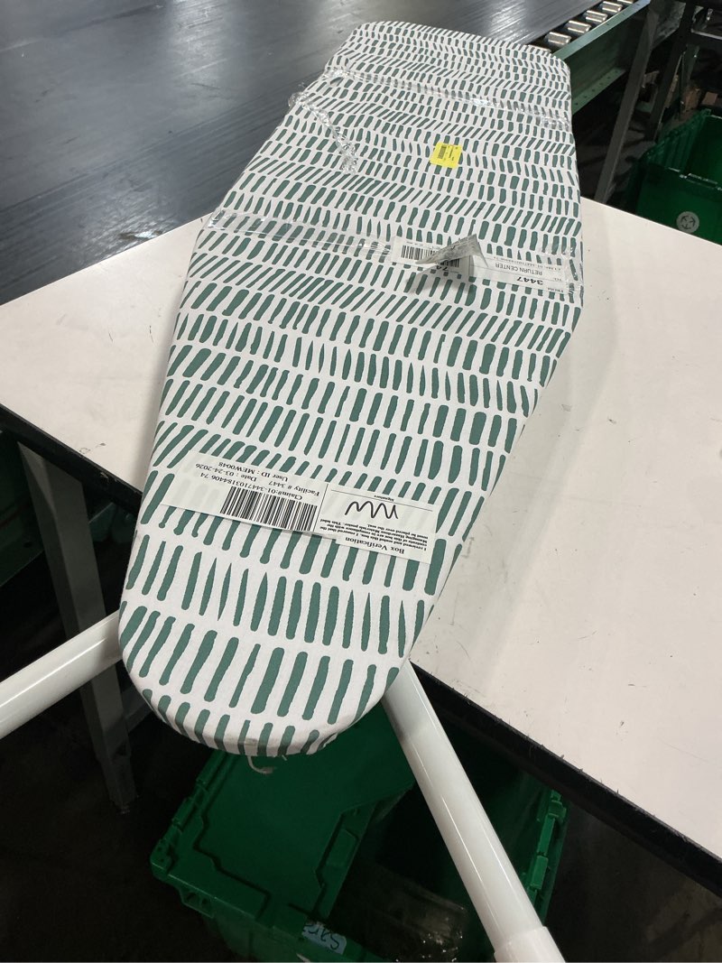 Condition photo showing As Is for mainstays full?size 4?leg ironing board – 53\" x 14\", adjustable height, steel frame, thick padded cotton cover, non?slip feet, lattice grey