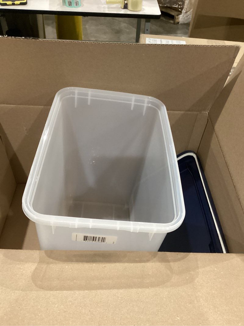 Condition photo showing As Is for IRIS USA Airtight Dog Food Storage Container, Up to 30 lbs, Attachable Wheels, for Dog Cat Bird and other Pet Food Storage Bin, Keep Fresh, Easy Mobility, BPA Free, Navy