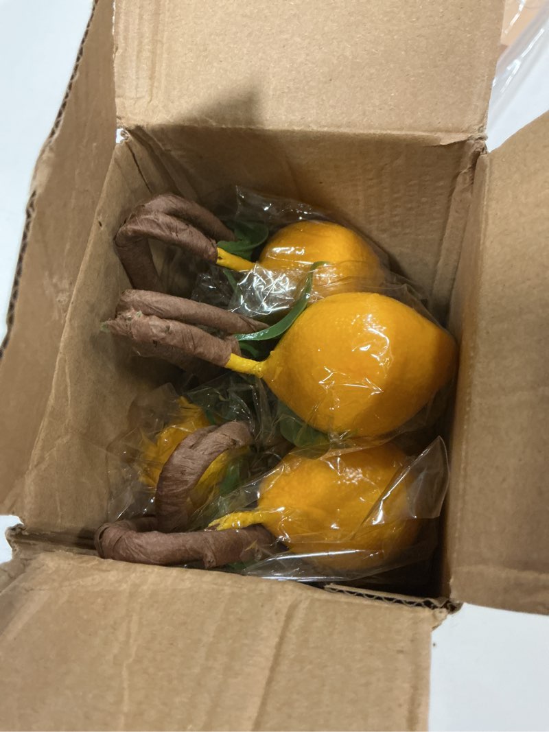 Condition photo showing New/Like New for 4Pcs Artificial Lemons Branch, 19 Inch Vivid Yellow Fake Lemons Branch with Green Leaf and Adjustable Branch, Lemon Decor for Home Kitchen, Graden, Desk, Party Decorations