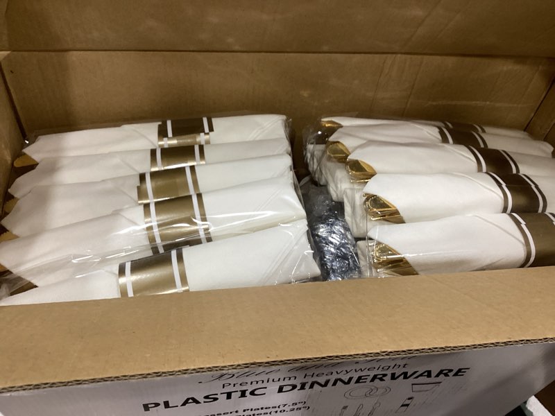 Condition photo showing Good Condition for liacere 350pcs navy blue plastic plates-disposable blue gold plates 50guest plastic dinnerware include 100plates,50pack pre rolled napkins with silverware 50cups for graduation & memorial day bule