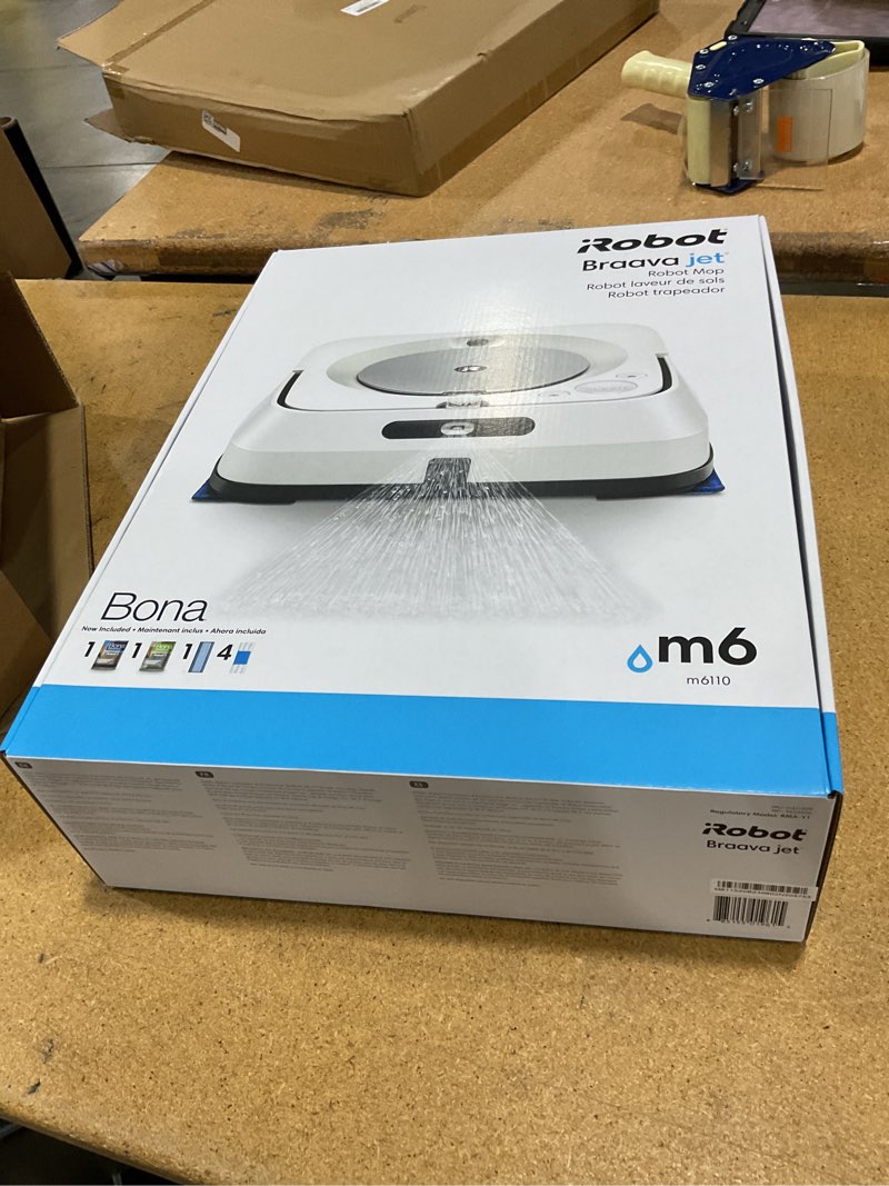 Condition photo showing New/Like New for irobot braava jet m6 (6110) ultimate robot mop- wi-fi connected, precision jet spray, smart mapping, works with alexa, ideal for multiple rooms, recharges and resumes, white