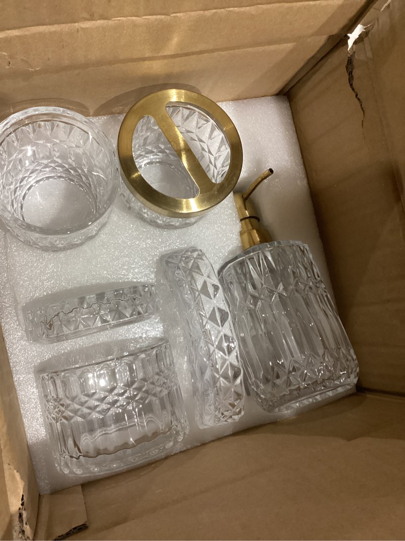 Condition photo showing Good Condition for EMPO 6PCS Bathroom Clear Glass Accessories Set (Lotion Soap Dispenser, Soap Dish, Toothbrush Holder, Tumbler, Cotton Swab Jar), Contemporary Modern Decor Crystal Vintage Gift (6pcs Clear)