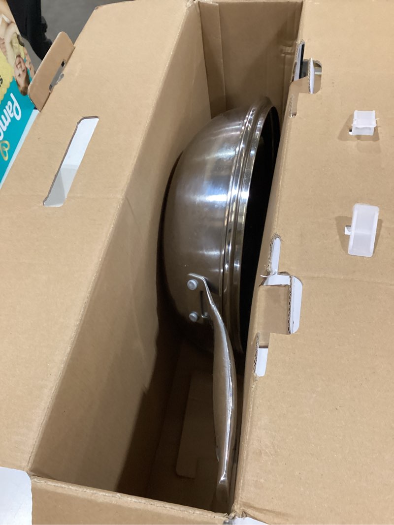 Condition photo showing As Is for Blue Diamond Hybrid Nonstick Stainless Steel 12” Wok with Lid, PFAS-Free Ceramic Diamond Bond Stir-Fry Pan, Induction Ready, Dishwasher & Oven Safe, Metal Utensil Safe, Stay-Cool Handle, Silver 12\" Wok Pan with Lid Silver