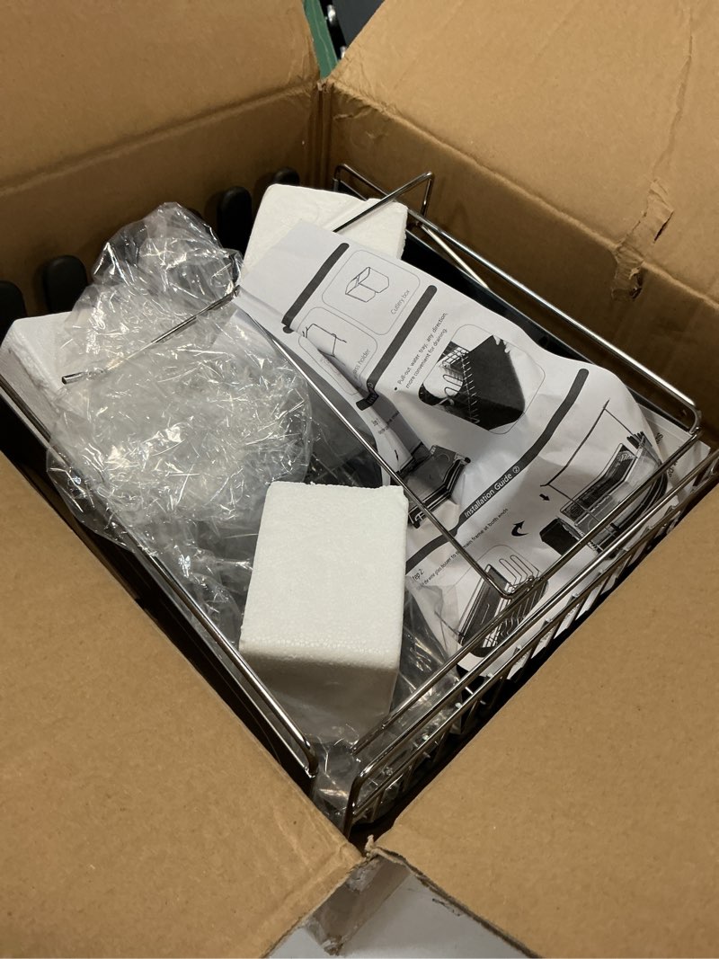 Condition photo showing As Is for happimess dsh1000a compact 17.25' fingerprint-proof stainless steel dish drying rack, dish rack with wine glass holder, utensil holder, stainless steel/black, silver/black