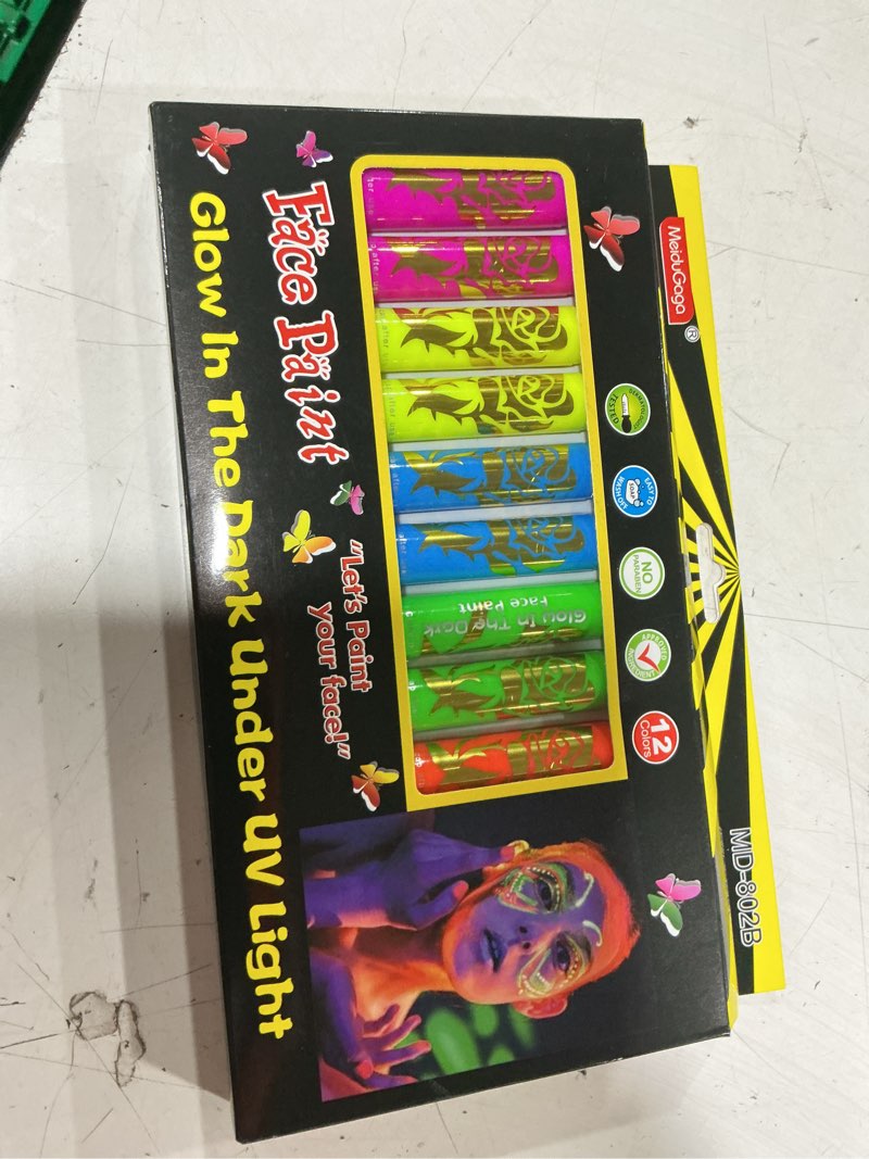 Condition photo showing New/Like New for 12 pcs glow face body paint, glow in the dark under uv black light sticks makeup neon face painting kits for adult halloween festival accessory glow party supplies