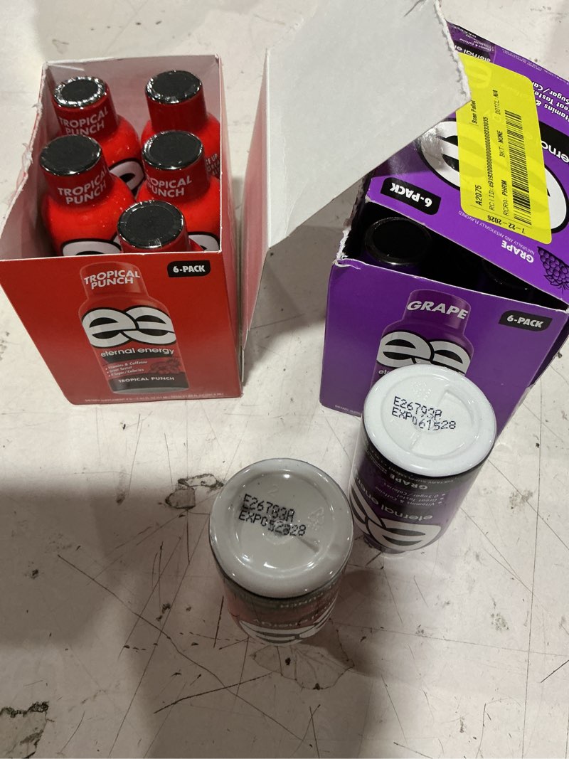 Condition photo showing Good Condition for (exp: 05/28/28) packs of ee (etenarl energy) both cotain 6 bottles, tropical punch/grape