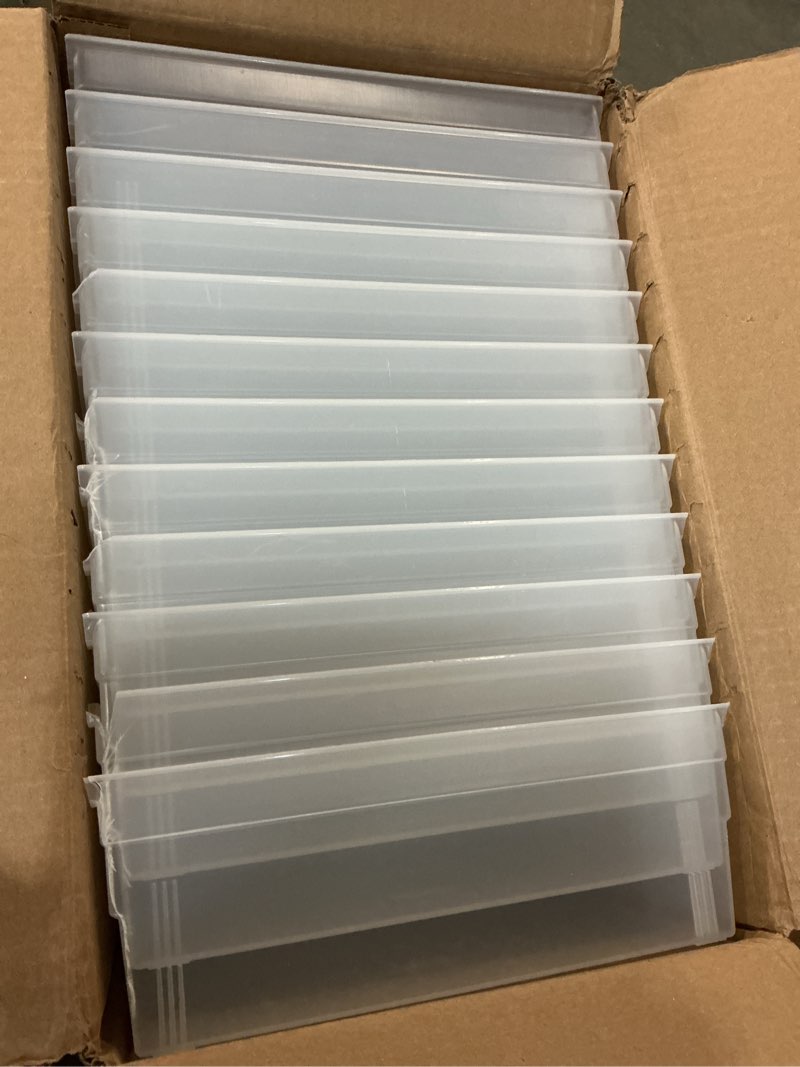 Condition photo showing New/Like New for akro-mils 30178 plastic shelf bins, heavy duty storage bins for garage, closet, and drawer organization, 18-inch x 11-inch x 4-inch, clear, 12-pack