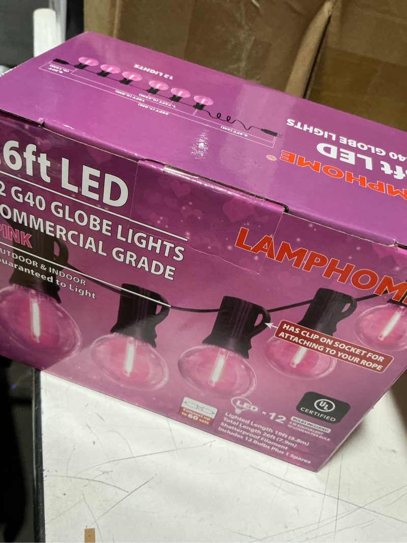 Condition photo showing New/Like New for lamphome pink led outdoor string lights, 26ft patio lights with 12+1 shatterproof edison bulbs, ul waterproof connectable dimmable hanging lights for backyard porch garden deck balcony decor pink 26ft