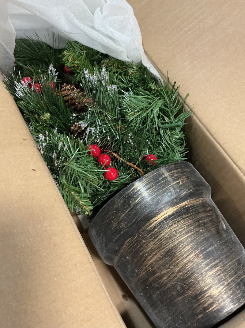 Condition photo showing Good Condition for National Tree Company Pre-Lit Artificial Mini Christmas Tree, Green, Crestwood Spruce, Multicolor Lights, Decorated with Pine Cones, Berry Clusters, Frosted Branches, Includes Pot Base, 2 Feet