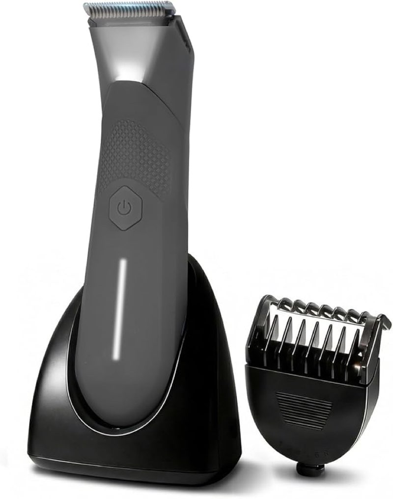 Body Trimmer for Men - Groin & Ball Shaver with Charging Dock - Constant Power No-Pull Electric Pubic Hair Clipper - 5-in-1 Guard Waterproof Body Groomer with LED Light, for Groin, Armpit & Body Grey