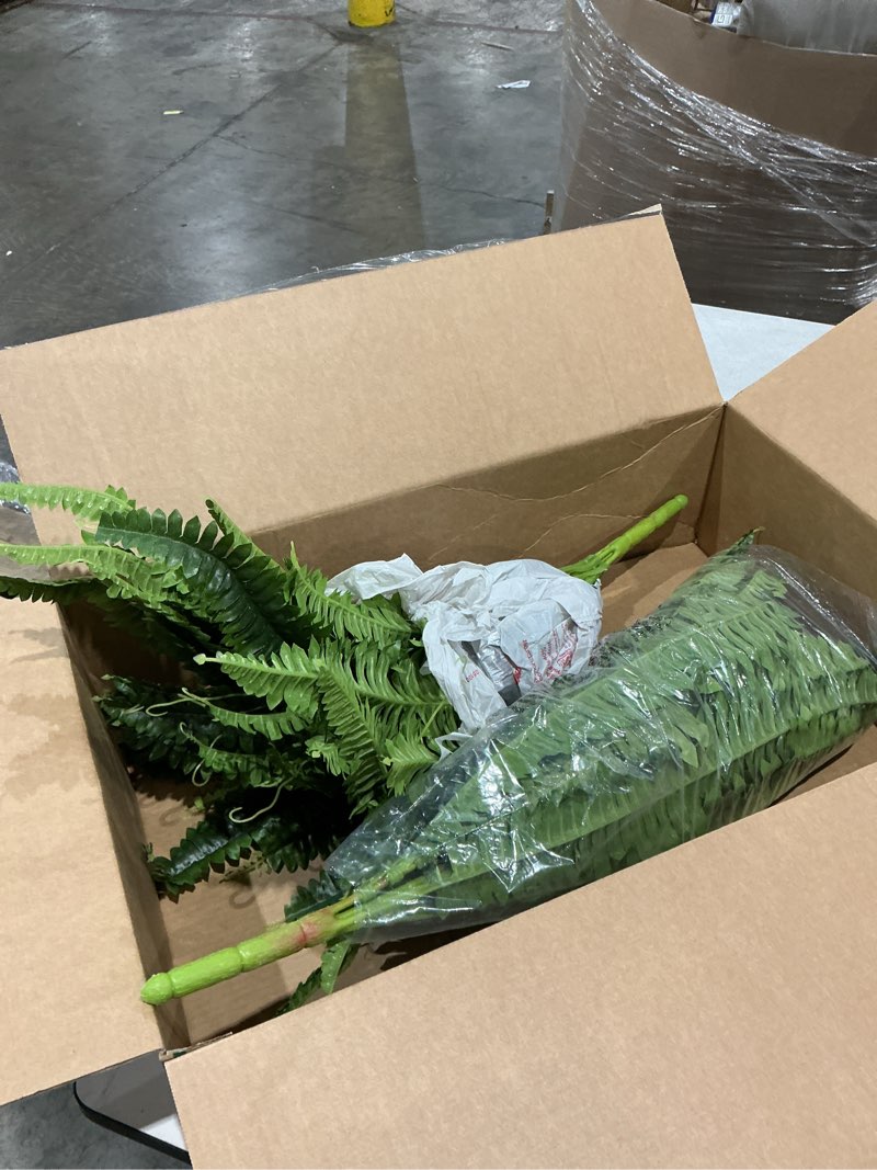Condition photo showing As Is for  artificial boston fern plants for outdoor indoor, fake ferns for front porch hanging, faux greenery bushes for home garden office decor