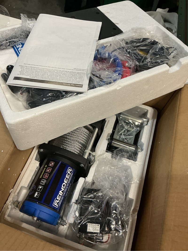 Condition photo showing New/Like New for REINDEER New 12V Winch 4500 lb Load Capacity Electric Winch Kit for ATV UTV Steel Cable Wire Rope with Hawse Fairlead Waterproof IP67 with Wireless Remotes 4500lb Steel Cable