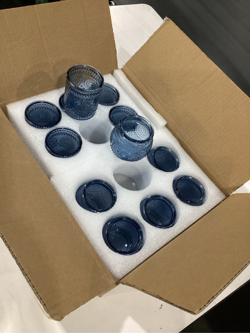 Condition photo showing New/Like New for 12 pcs clear blue glass votive candle holders, vintage candle holder bulk, tealight candle holders for table centerpieces, home, bridal shower, birthday, party table decor