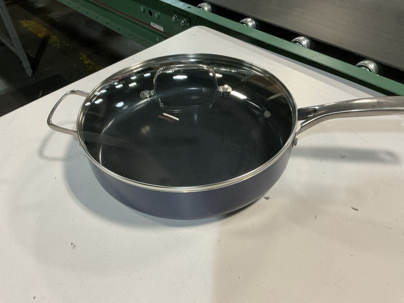 Condition photo showing New/Like New for Blue Diamond 5QT Saute Pan with Lid, Non Toxic PFAS-Free Diamond Ceramic Nonstick, Dishwasher & Oven Safe, Metal Utensil Safe, Deep Jumbo Cooker Skillet with Helper Handle, Glass Lid, Blue 20 Cup with Lid Blue